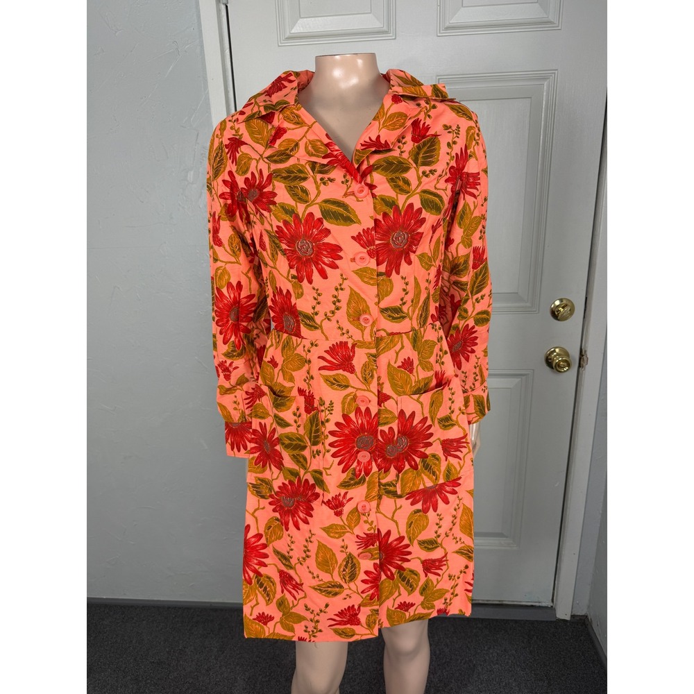 Vintage 70s Floral Dress Cotton Pockets Button Retro Bright Long Sleeve AA4